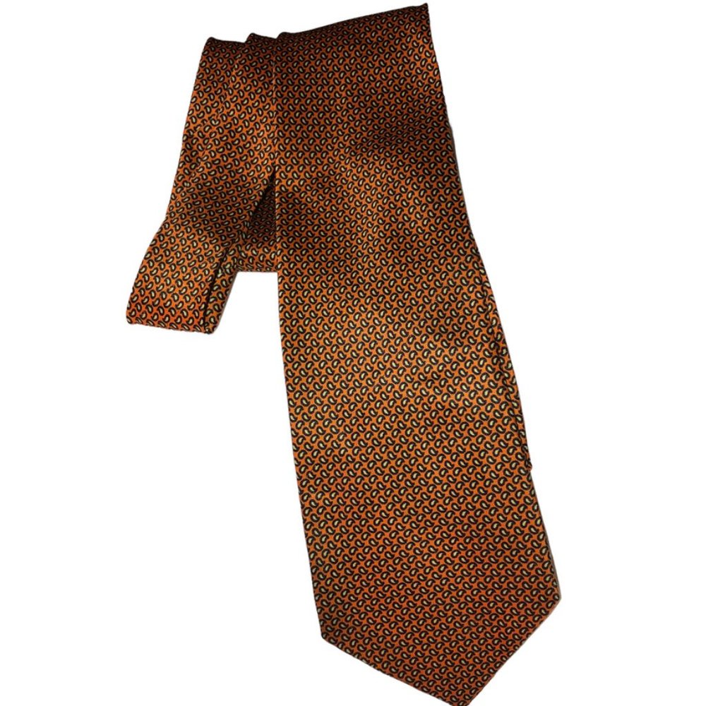 rene chagal Hand Made orange black cream mini paisley print SILK tie